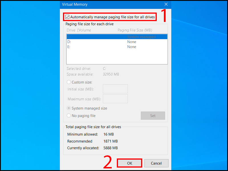 Cửa sổ Virtual Memory